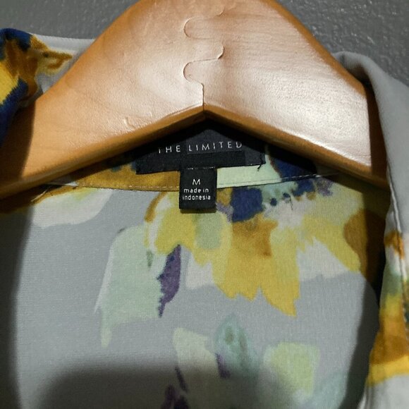 The Limited Size M Button Up Blouse Floral Blue Grey Yellow Long Sleeve Flowy - Picture 4 of 9